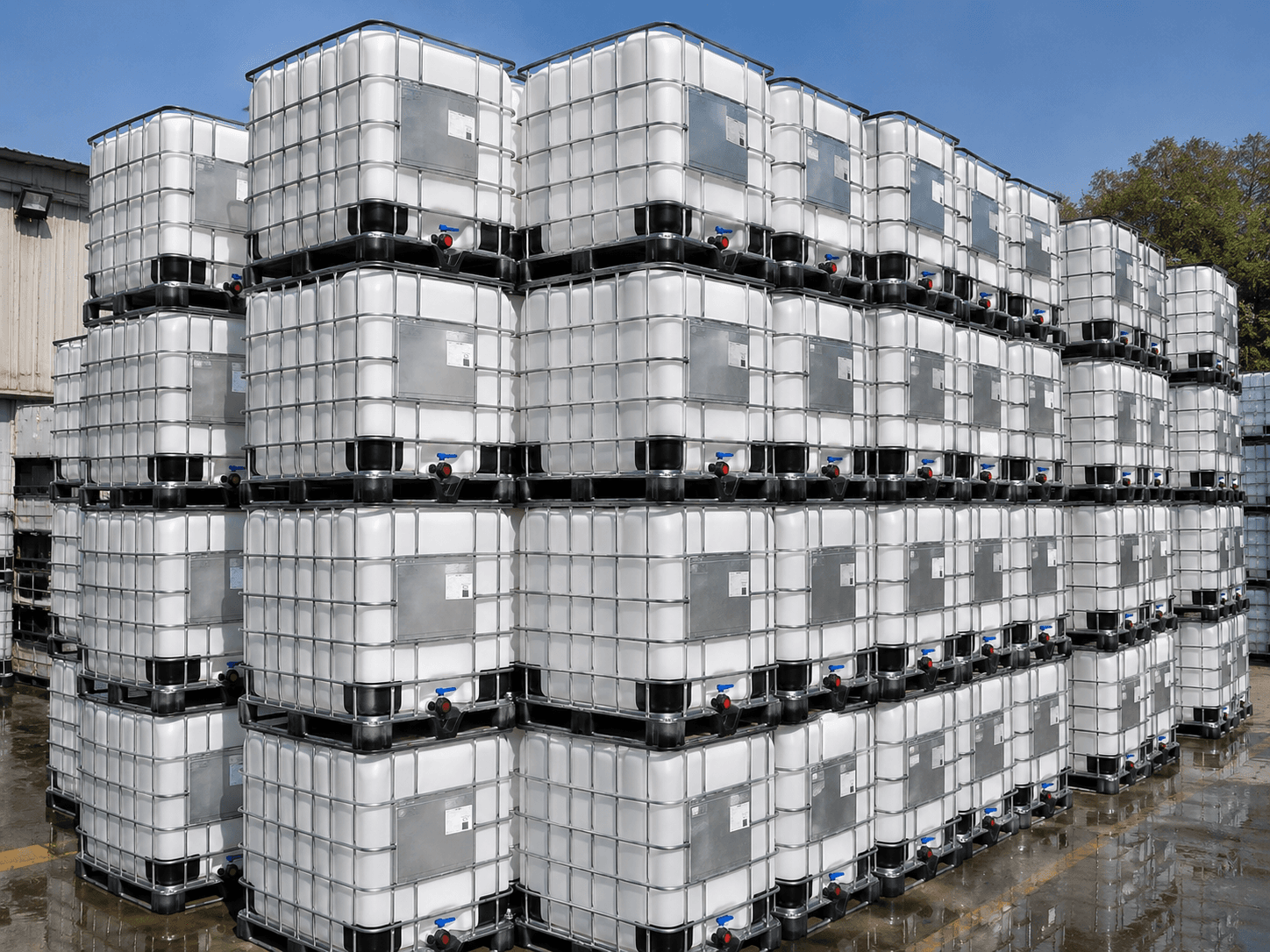 IBC totes stacked outdoors