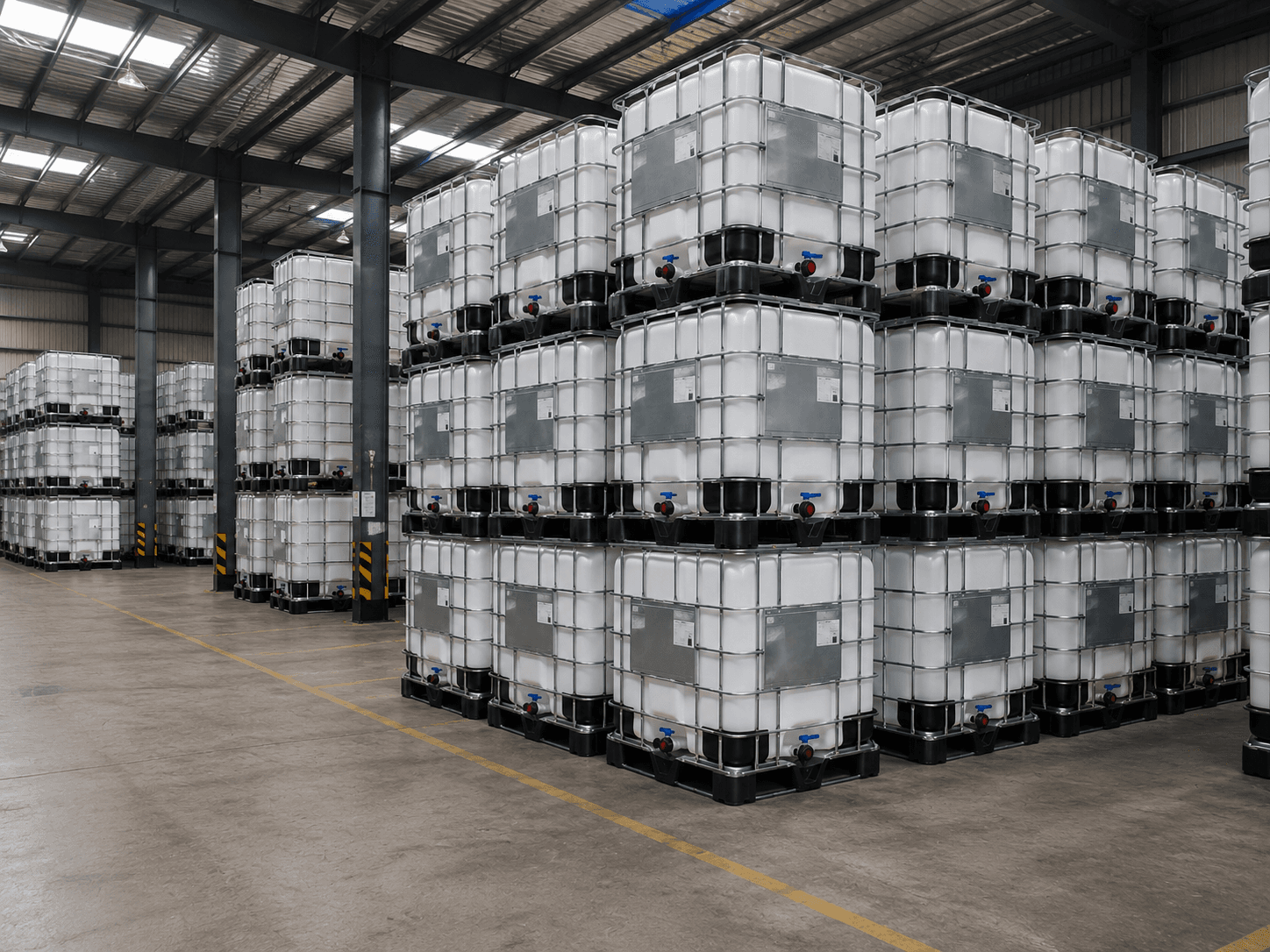 IBC totes stacked in warehouse