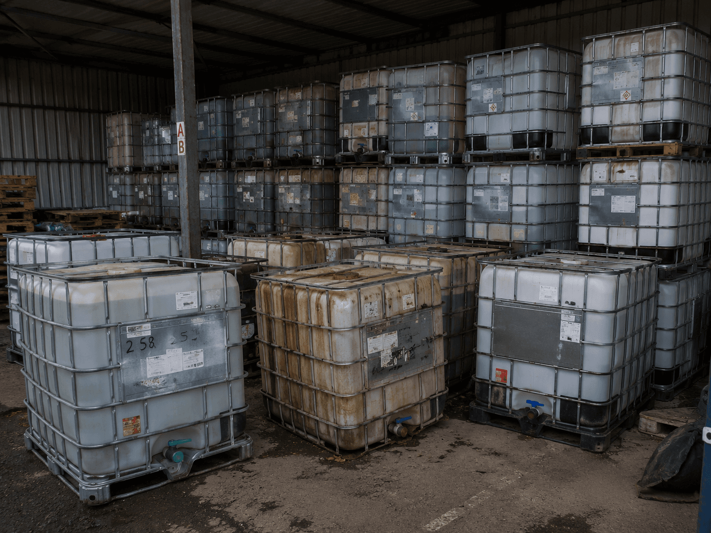 Used IBC totes awaiting recycling
